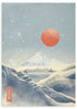 Cuadro japonés paisaje nevado con monte Fuji y sol rojo estilo Japandi, kudeko.com
