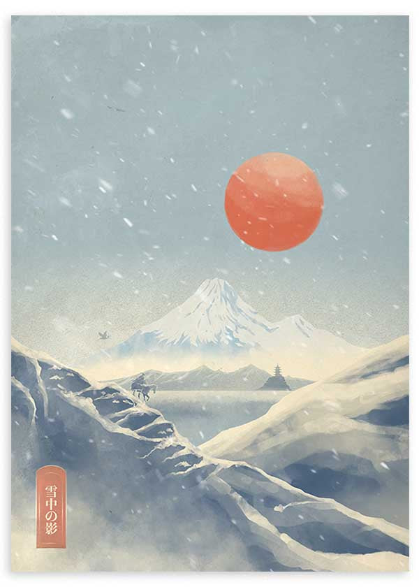 Cuadro japonés paisaje nevado con monte Fuji y sol rojo estilo Japandi, kudeko.com
