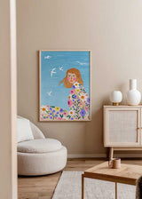 Cuadro ilustrado colorido mujer con flores y gaviotas de Bea Muller, kudeko.com
