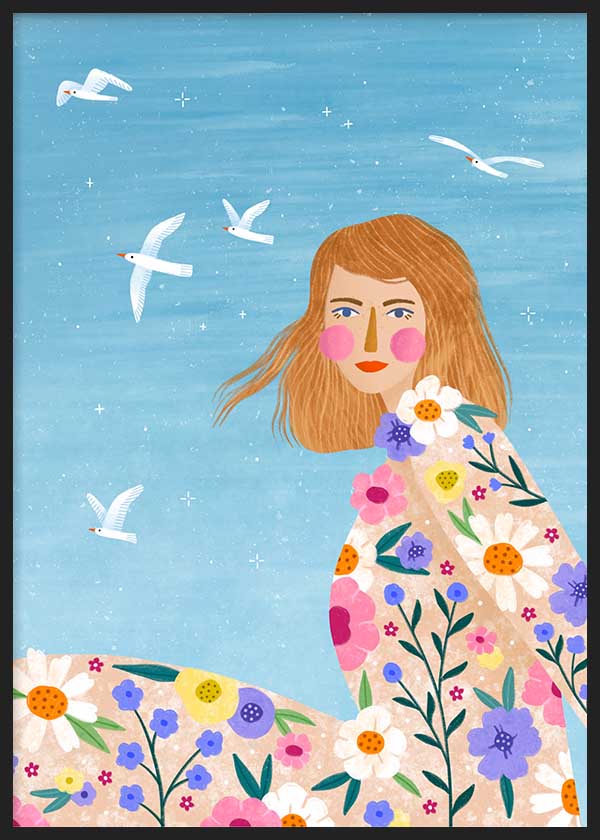 Quadro ilustrado colorido com mulher, flores e gaivotas, em estilo decorativo de Bea Muller. Disponível em kudeko.com
