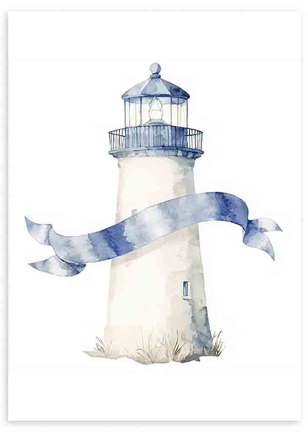 Cuadro de faro blanco con detalles azul grisáceo, linterna superior y cinta ondulante, sobre fondo claro, de estilo infantil. Disponible en kudeko.com