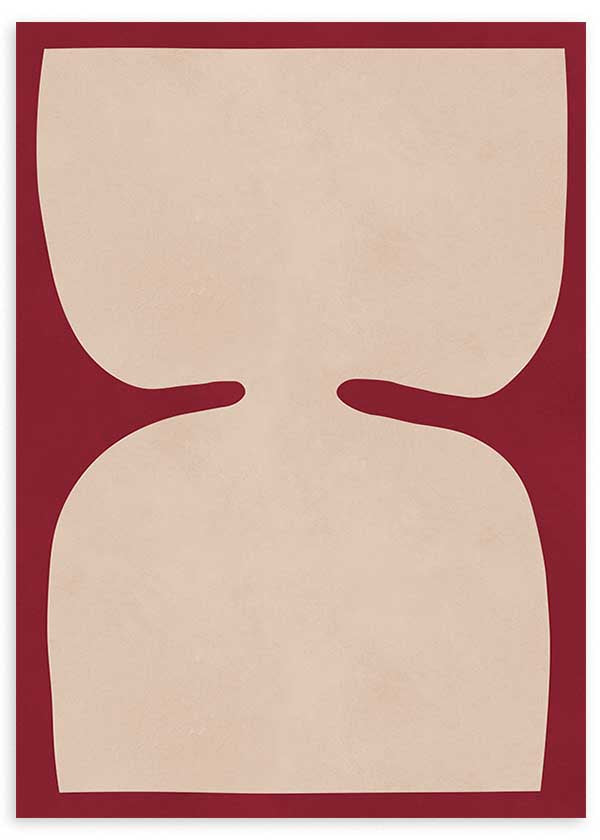 Cuadro geométrico beige sobre fondo burdeos con diseño simétrico, kudeko.com

