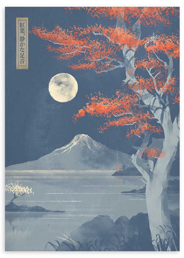 Cuadro japonés paisaje nocturno con monte Fuji y árbol de hojas rojas estilo Japandi, kudeko.com
