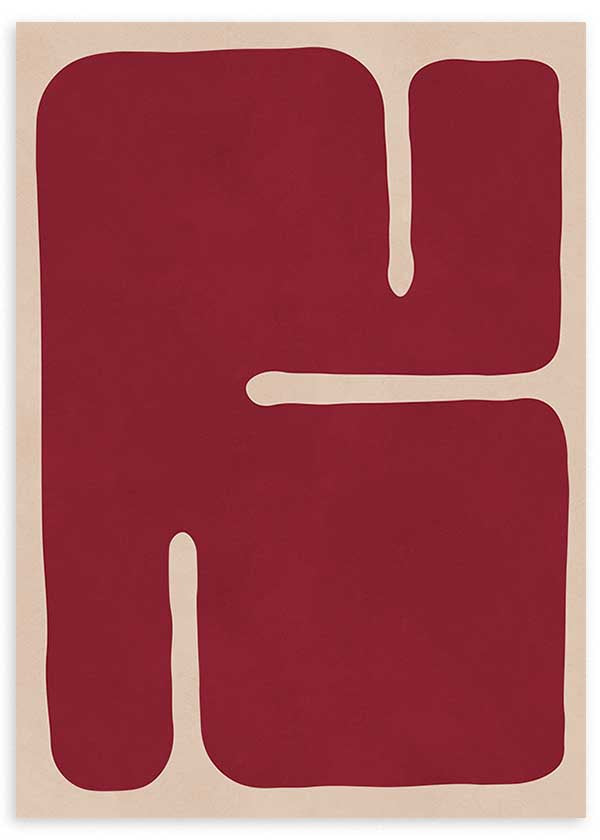 Cuadro geométrico con figura orgánica burdeos sobre fondo beige, kudeko.com
