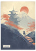 Cuadro japonés con monte Fuji, pagoda y jinete en paisaje otoñal estilo Japandi, kudeko.com
