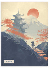 Cuadro japonés con monte Fuji, pagoda y jinete en paisaje otoñal estilo Japandi, kudeko.com
