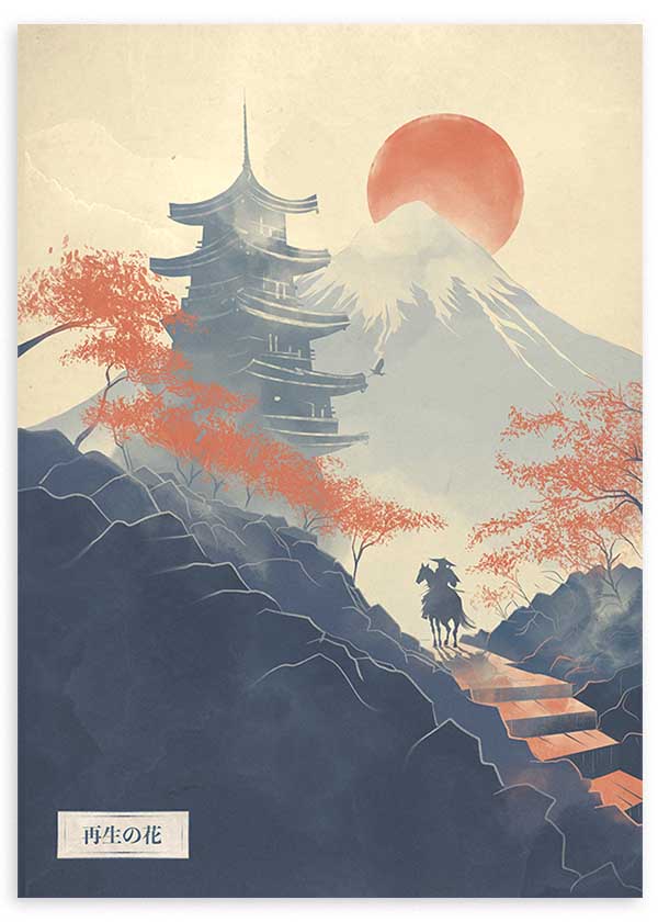 Cuadro japonés con monte Fuji, pagoda y jinete en paisaje otoñal estilo Japandi, kudeko.com
