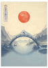 Cuadro japonés con monte Fuji, puente y sol rojo estilo Japandi, kudeko.com
