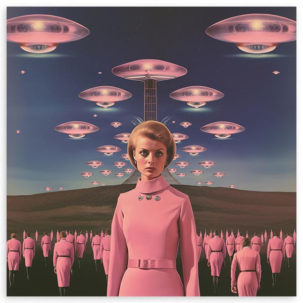 Cuadro surrealista retro-futurista con mujer de rosa y ovnis en el cielo, disponible en kudeko.com.
