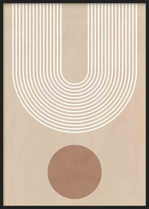 Tableau avec composition géométrique, arches linéaires blanches, fond beige chaud, cercle brun doux et style graphique épuré pour décoration murale. Disponible sur kudeko.com