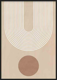 Tableau avec composition géométrique, arches linéaires blanches, fond beige chaud, cercle brun doux et style graphique épuré pour décoration murale. Disponible sur kudeko.com