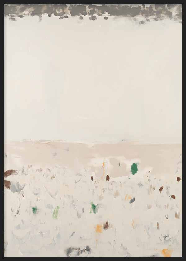 Cuadro abstracto en tonos neutros con detalles verdes y tierra, kudeko.com
