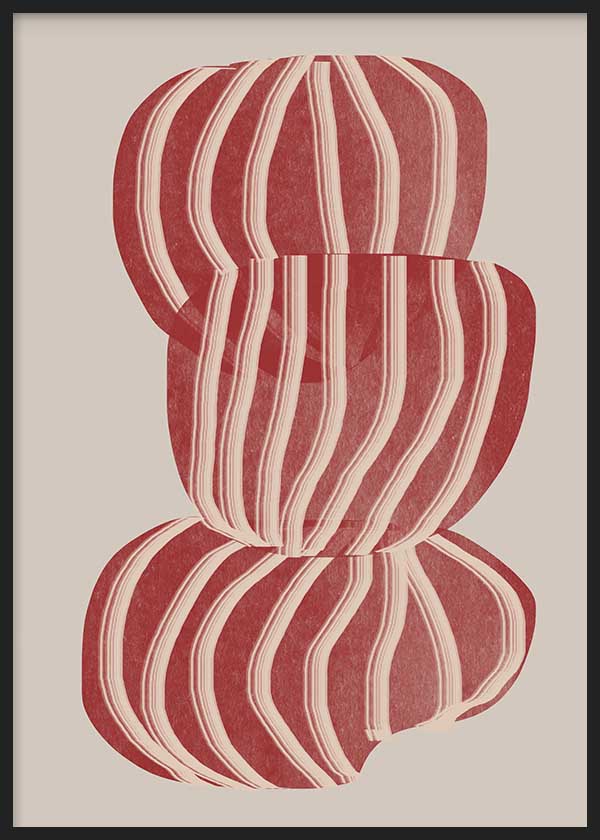 Cuadro geométrico con formas apiladas en tonos terracota y líneas blancas, kudeko.com
