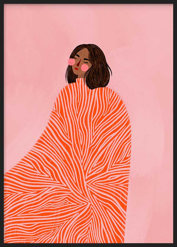 Cuadro ilustrado colorido mujer con manto rojo de Bea Muller, kudeko.com
