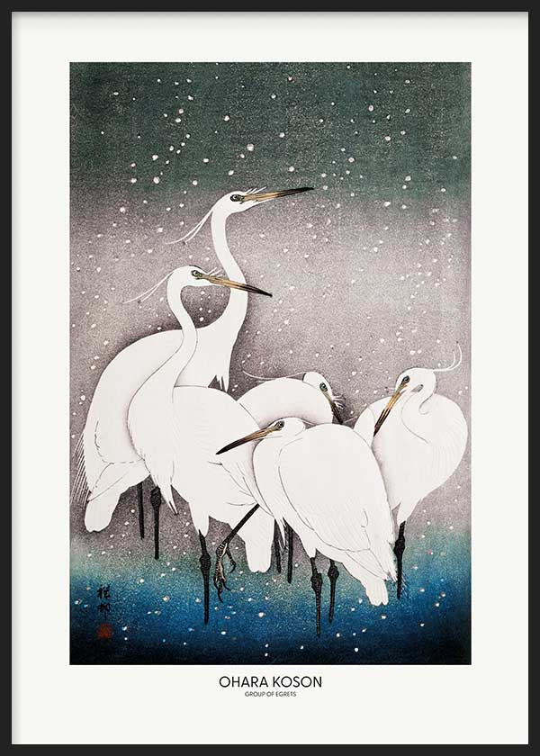 Cuadro con grupo de garzas blancas bajo la nieve estilo Japandi, kudeko.com
