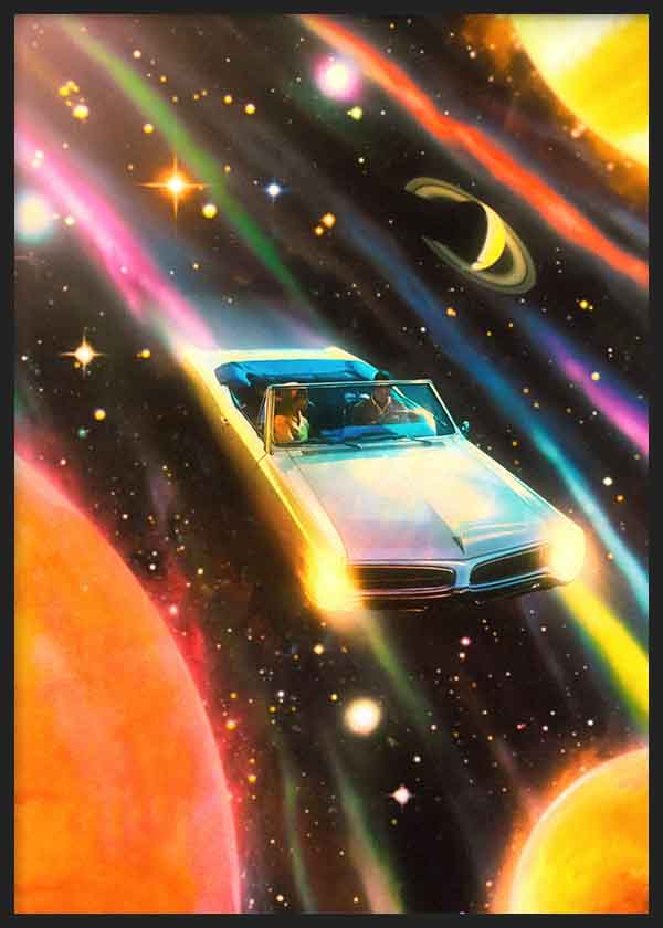 Quadro surrealista de um carro clássico a flutuar no espaço, com ambiente decorativo onírico e motivo marcante. Disponível em kudeko.com