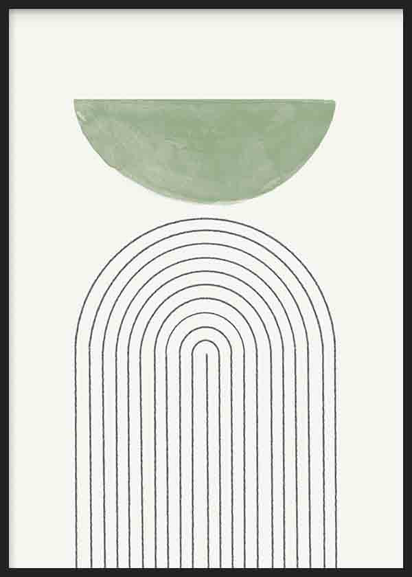 Gerahmtes Wandbild mit abstrakter Komposition aus schwarzen Linienbögen, salbeigrünem Halbkreis, weißem Hintergrund und minimalistischem Stil für nordische Einrichtung. Erhältlich auf kudeko.com