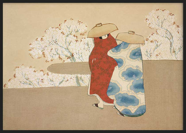 Cuadro horizontal japonés con dos figuras y árboles en flor estilo Japandi, kudeko.com
