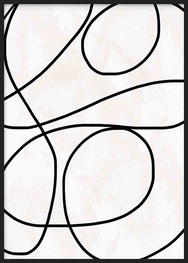 Cuadro con líneas negras curvas entrelazadas sobre fondo blanco roto, composición abstracta de formas orgánicas amplias y estilo minimalista. Disponible en kudeko.com