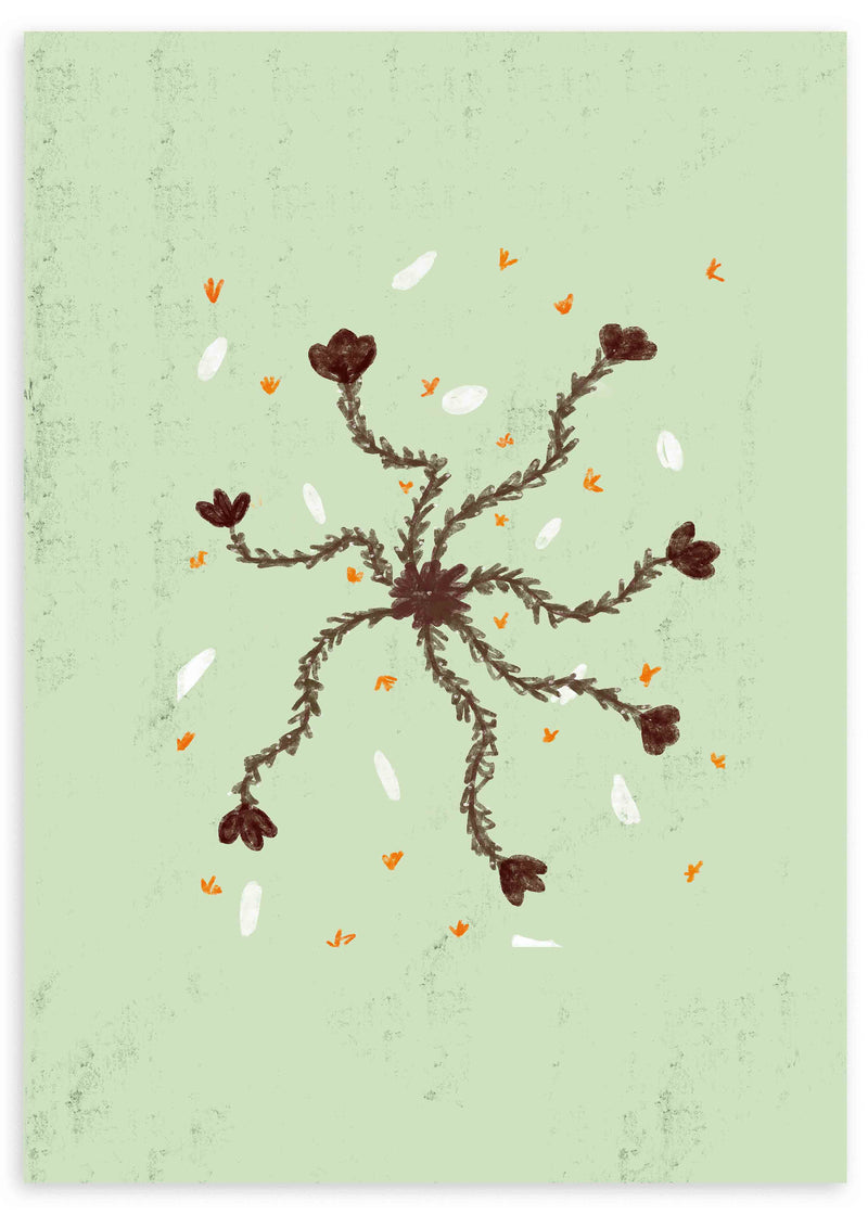 Cuadro con flores pequeñas de tallos curvos, fondo verde menta, detalles blancos y acentos naranjas, de estilo floral. Disponible en kudeko.com