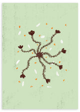 Gerahmtes Wandbild mit kleinen dunkelbraunen Blüten, geschwungenen Stielen, mintgrünem Hintergrund, weißen Details und orangefarbenen Akzenten in floralem, ruhigem Stil. Erhältlich auf kudeko.com