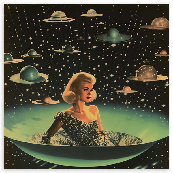 Surrealistisches retrofuturistisches Wandbild mit Frau in einer fliegenden Untertasse und schwebenden Ufos, dekorative Vintage Weltraumstimmung. Erhältlich auf kudeko.com