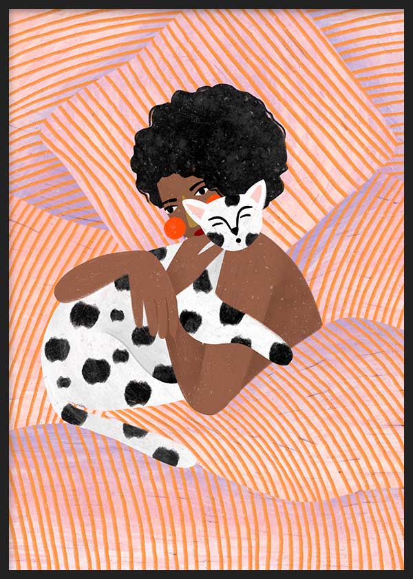 Tableau illustré coloré représentant une femme serrant un chat dans ses bras, par Bea Muller. Disponible sur kudeko.com