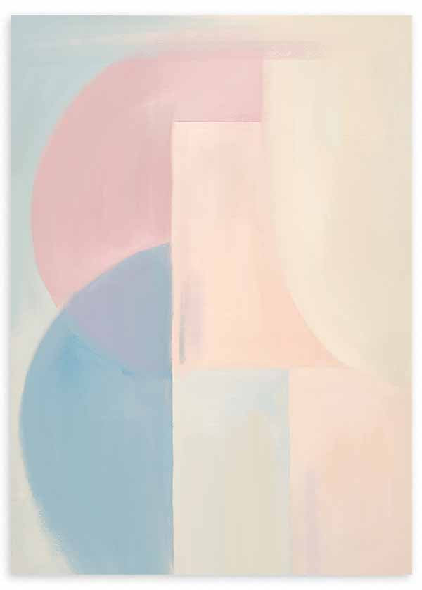Tableau abstrait avec formes géométriques dans des tons pastel pour décoration moderne kudeko.com. Disponible sur kudeko.com