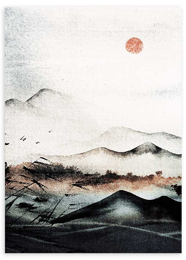 Cuadro japonés de paisaje con montañas y sol rojo, kudeko.com
