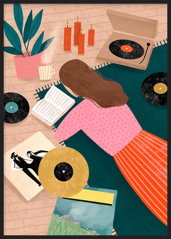 Farbenfrohes illustriertes Wandbild mit lesender Frau, umgeben von Vinylplatten und Plattenspielern, Design von Bea Muller. Erhältlich auf kudeko.com