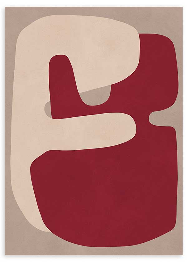 Quadro abstrato com formas orgânicas em tons de bordô e bege, estilo decorativo sóbrio para interiores modernos. Disponível em kudeko.com