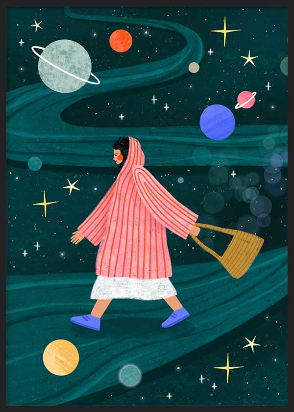 Farbiges illustriertes Wandbild mit einer Frau, die zwischen Planeten und Sternen geht, von Bea Muller. Erhältlich auf kudeko.com