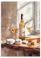 Quadratisches Wandbild mit einer eleganten Komposition aus Wein und Käse. Verfügbar auf kudeko.com