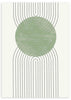 Gerahmtes Wandbild mit großem salbeigrünem Kreis in der Mitte, schwarzen parallelen Schwunglinien, weißem Hintergrund und klarer geometrischer Gestaltung. Erhältlich auf kudeko.com