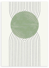 Gerahmtes Wandbild mit großem salbeigrünem Kreis in der Mitte, schwarzen parallelen Schwunglinien, weißem Hintergrund und klarer geometrischer Gestaltung. Erhältlich auf kudeko.com