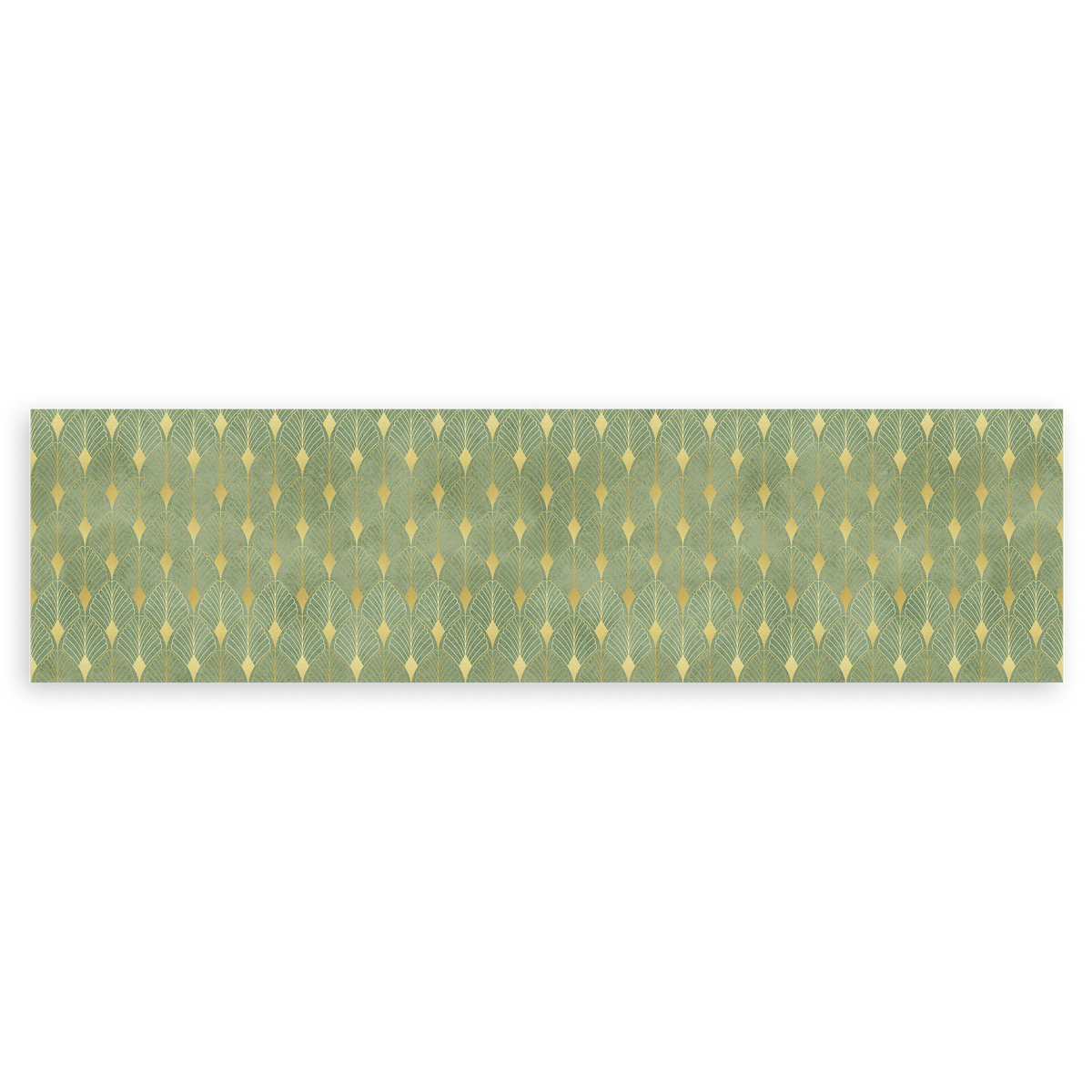 Cuadro horizontal minimalista con un diseño único de hojas en tonos verdes y dorados. Disponible en kudeko.com