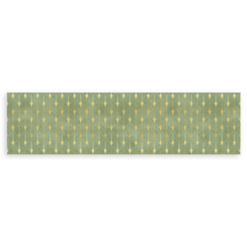 Cuadro horizontal minimalista con un diseño único de hojas en tonos verdes y dorados. Disponible en kudeko.com