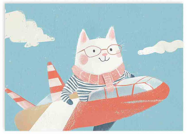 Cuadro horizontal de gato blanco con gafas, bufanda rosa y avión rojo entre nubes sobre fondo azul, de estilo infantil. Disponible en kudeko.com