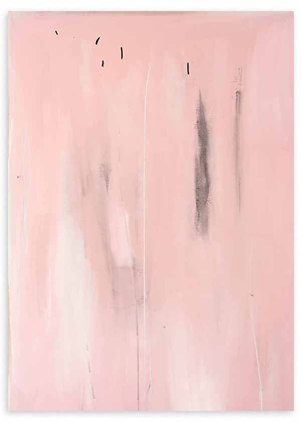 Cuadro abstracto de fondo rosado con detalles minimalistas en negro y blanco, kudeko.com
