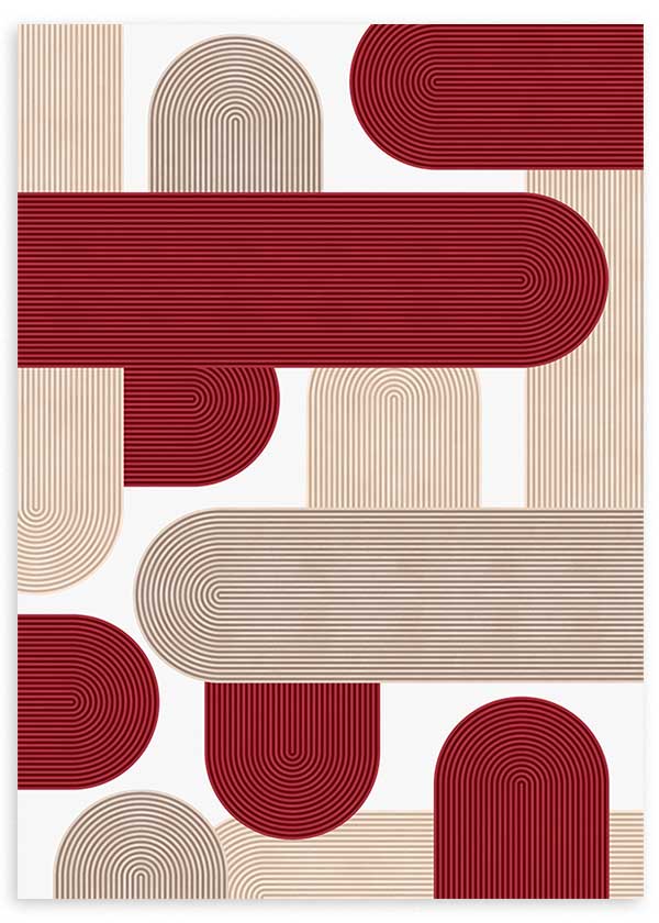 Cuadro geométrico con formas semicirculares en tonos burdeos y beige, kudeko.com
