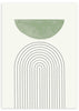 Gerahmtes Wandbild mit abstrakter Komposition aus schwarzen Linienbögen, salbeigrünem Halbkreis, weißem Hintergrund und minimalistischem Stil für nordische Einrichtung. Erhältlich auf kudeko.com