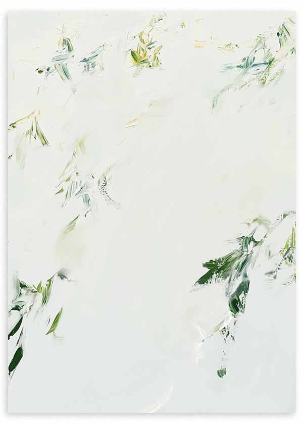Cuadro abstracto blanco con detalles verdes naturales, kudeko.com
