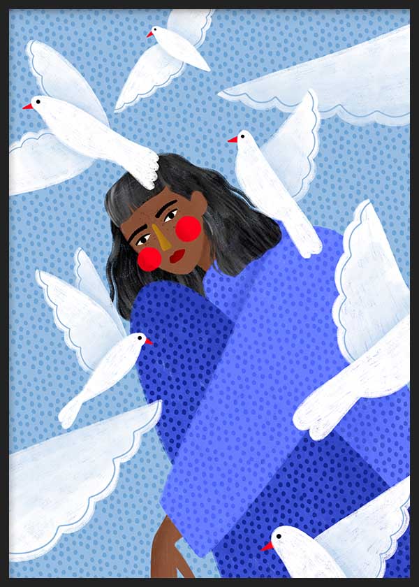 Cuadro ilustrado colorido mujer en azul con palomas blancas de Bea Muller, kudeko.com

