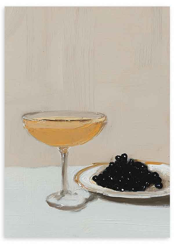 Cuadro minimalista de una copa elegante y frutas oscuras. Disponible en kudeko.com