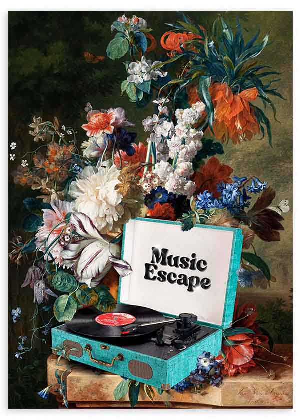 Quadro pop art com flores barrocas e gira-discos vintage “Music Escape”, efeito decorativo em cores contrastantes. Disponível em kudeko.com