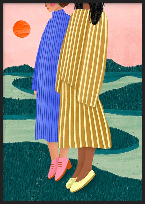 Cuadro ilustrado colorido con dos mujeres vestidas a rayas en paisaje con sol rojo, obra de Bea Muller, kudeko.com

