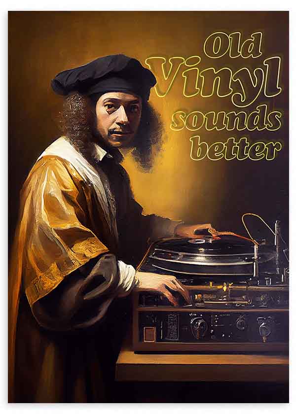 Quadro pop art com retrato barroco e gira-discos vintage "Old Vinyl Sounds Better", estilo decorativo em tons contrastantes. Disponível em kudeko.com
