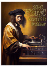 Cuadro pop-art con retrato barroco y tornamesa vintage "Old Vinyl Sounds Better", disponible en kudeko.com.
