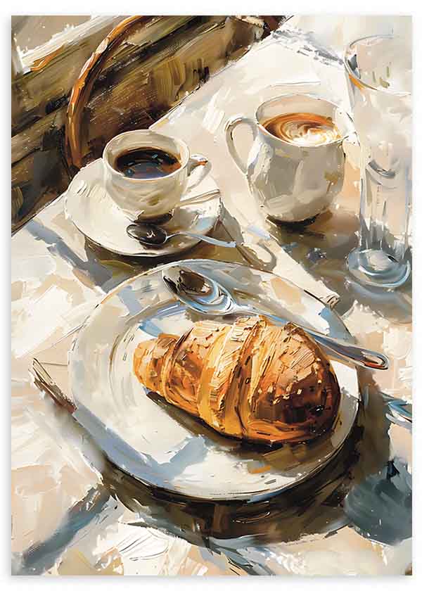 Cuadro minimalista que captura un instante de tranquilidad con café y un croissant. Disponible en kudeko.com