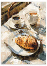 Tableau minimaliste qui capture un instant de tranquillité avec du café et un croissant. Disponible sur kudeko.com.